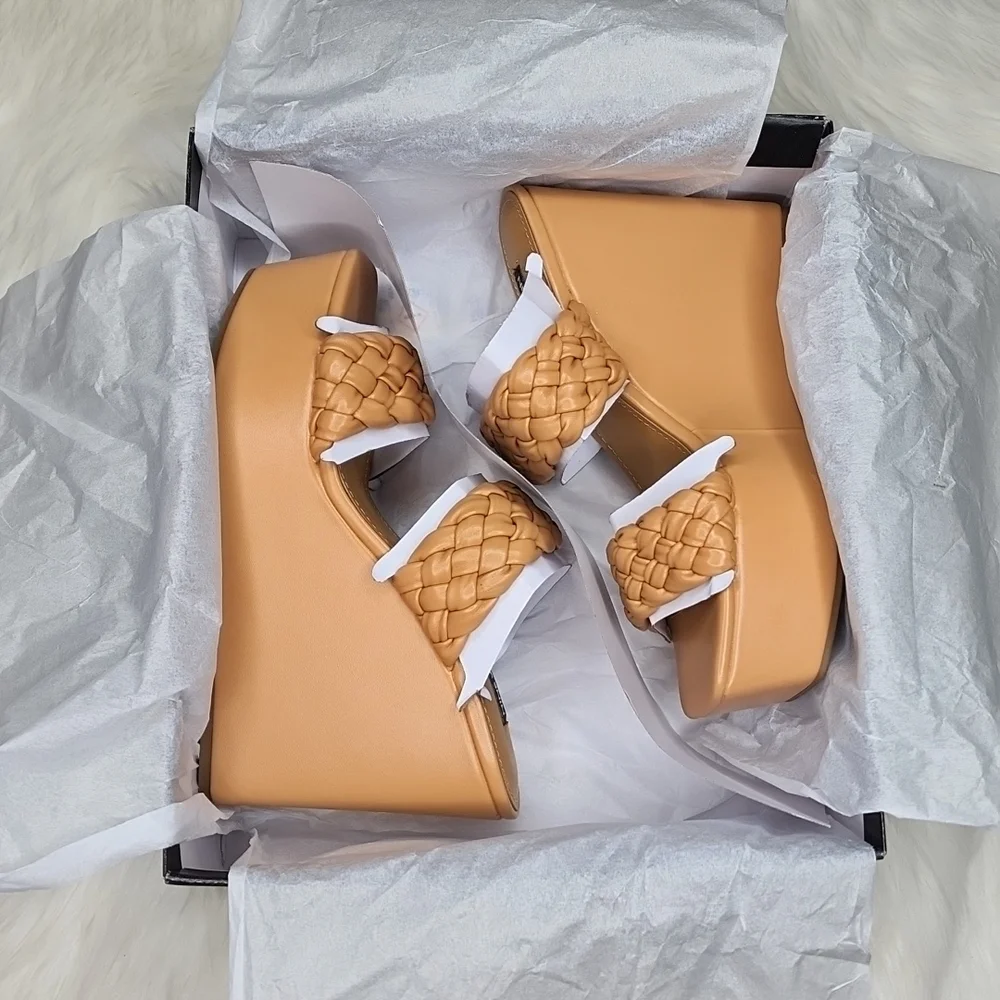 Nine West Nessie 3 Platform Wedge Heels Light Cognac